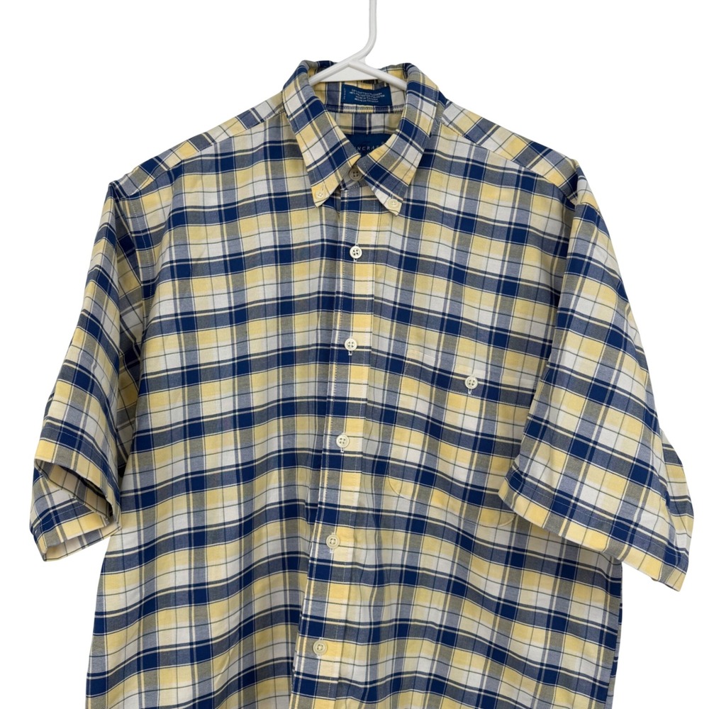 Towncraft‎ Mens Plaid Short Sleeve Button Down Shirt Blue Yellow Wrinkle Free M